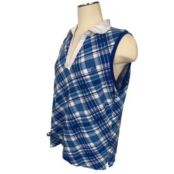 Lauren Ralph Lauren Active Plaid Blue White Preppy Collard Tank Sleeveless XL - Picture 3 of 7